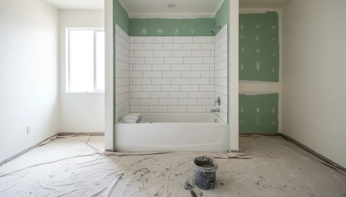 A vacant apartment bathroom mid-turnover, new tile going in around the tub, drop cloths down, plainly lit.