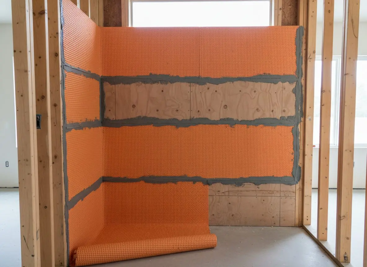 Kerdi membrane being rolled onto a shower wall stud bay, seams overlapped and sealed, before any tile goes on.