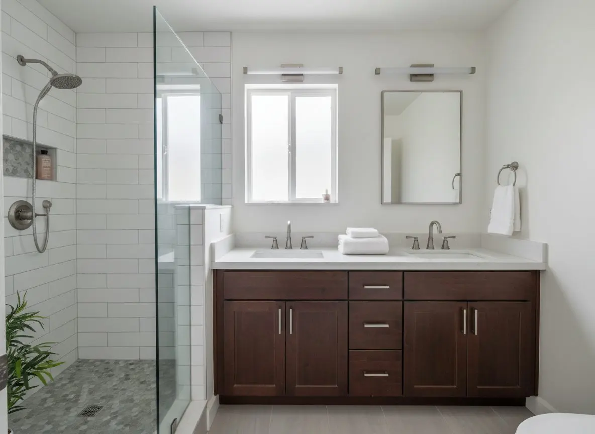 A finished, in-use bathroom with a tiled walk-in shower and a fitted vanity, lit from a window.
