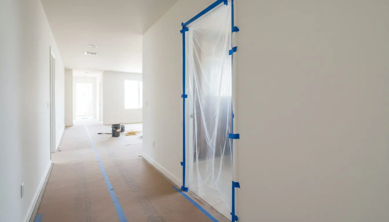 A hallway outside a bathroom under renovation, plastic sheeting taped over the doorway, floor protection running down the hall toward the rest of the house.
