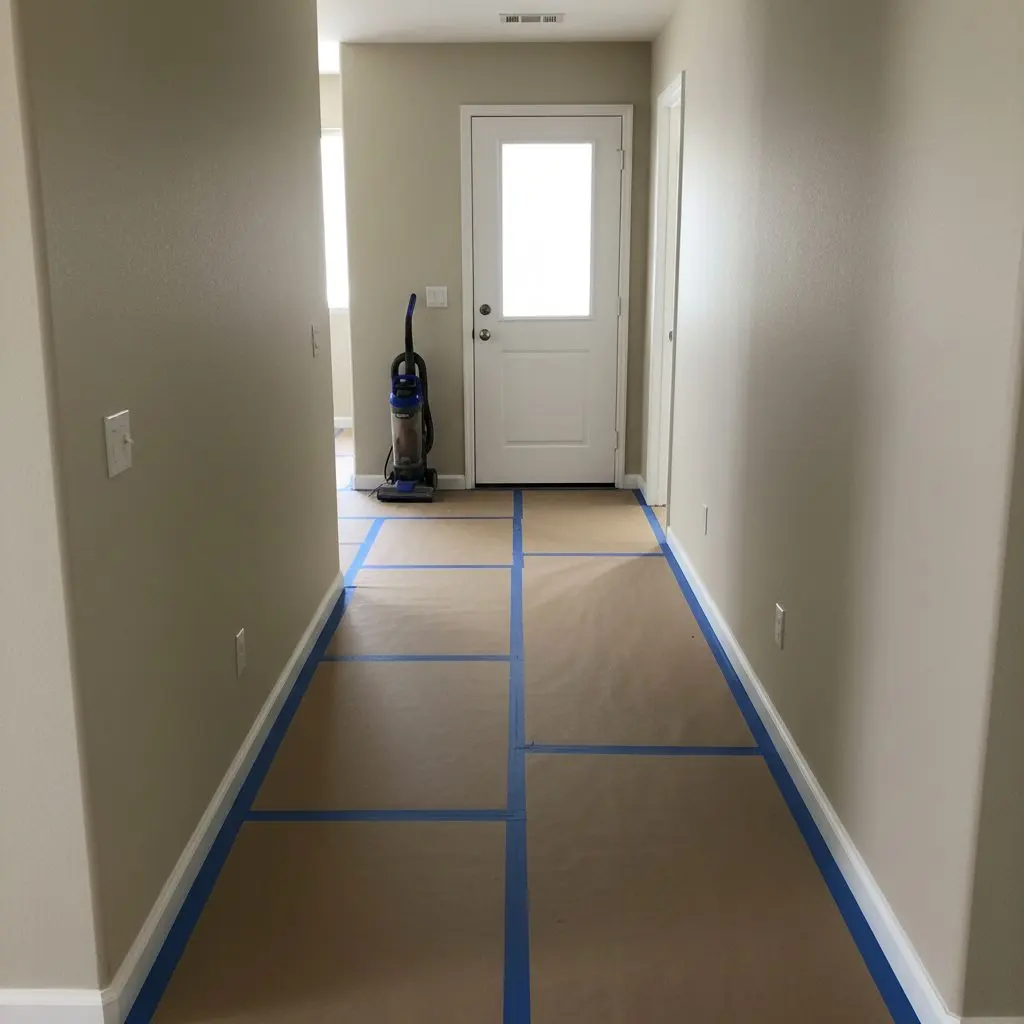 Floor protection paper taped down a hallway leading to a bathroom door, a vacuum staged outside it.