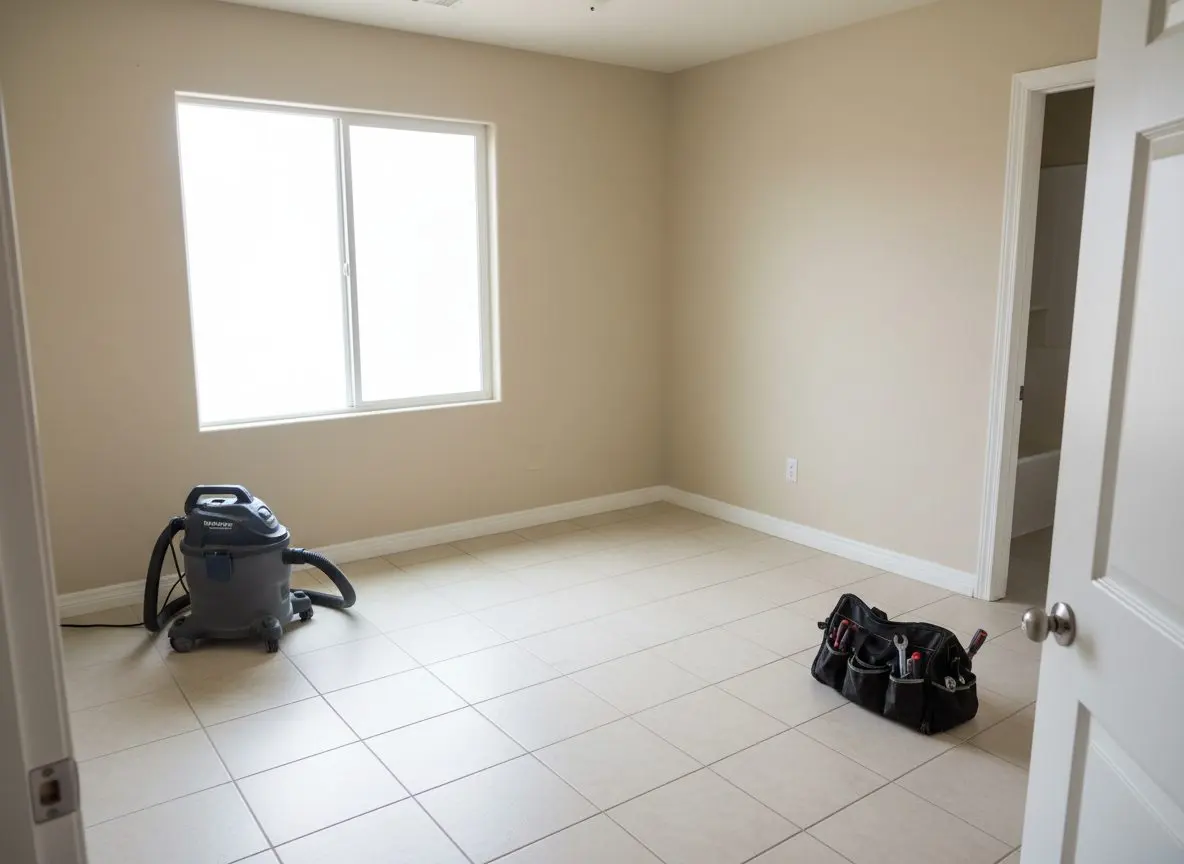A vacuum and a swept, empty bathroom floor at the end of a work day, tools packed into a bag by the door.