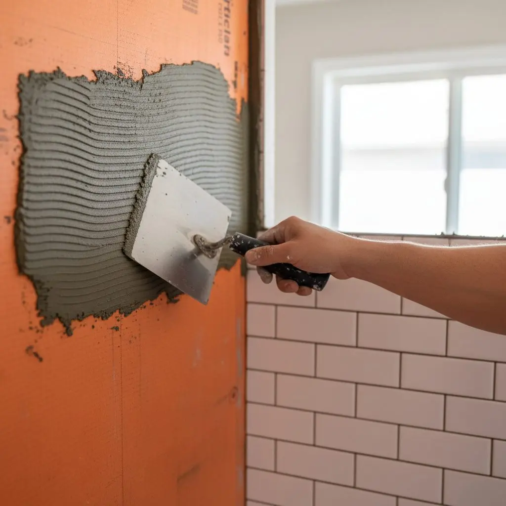 A trowel spreading thinset over a Kerdi membrane on a shower wall, fresh tile stacked and ready beside it.