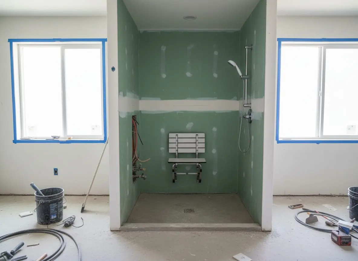 A curbless shower entry with a fold-down bench seat and a hand-held shower head mounted on a vertical slide bar.