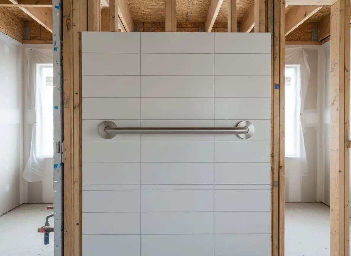 A grab bar mounted at the shower wall, close enough to show the screw heads set into solid blocking rather than a toggle bolt.
