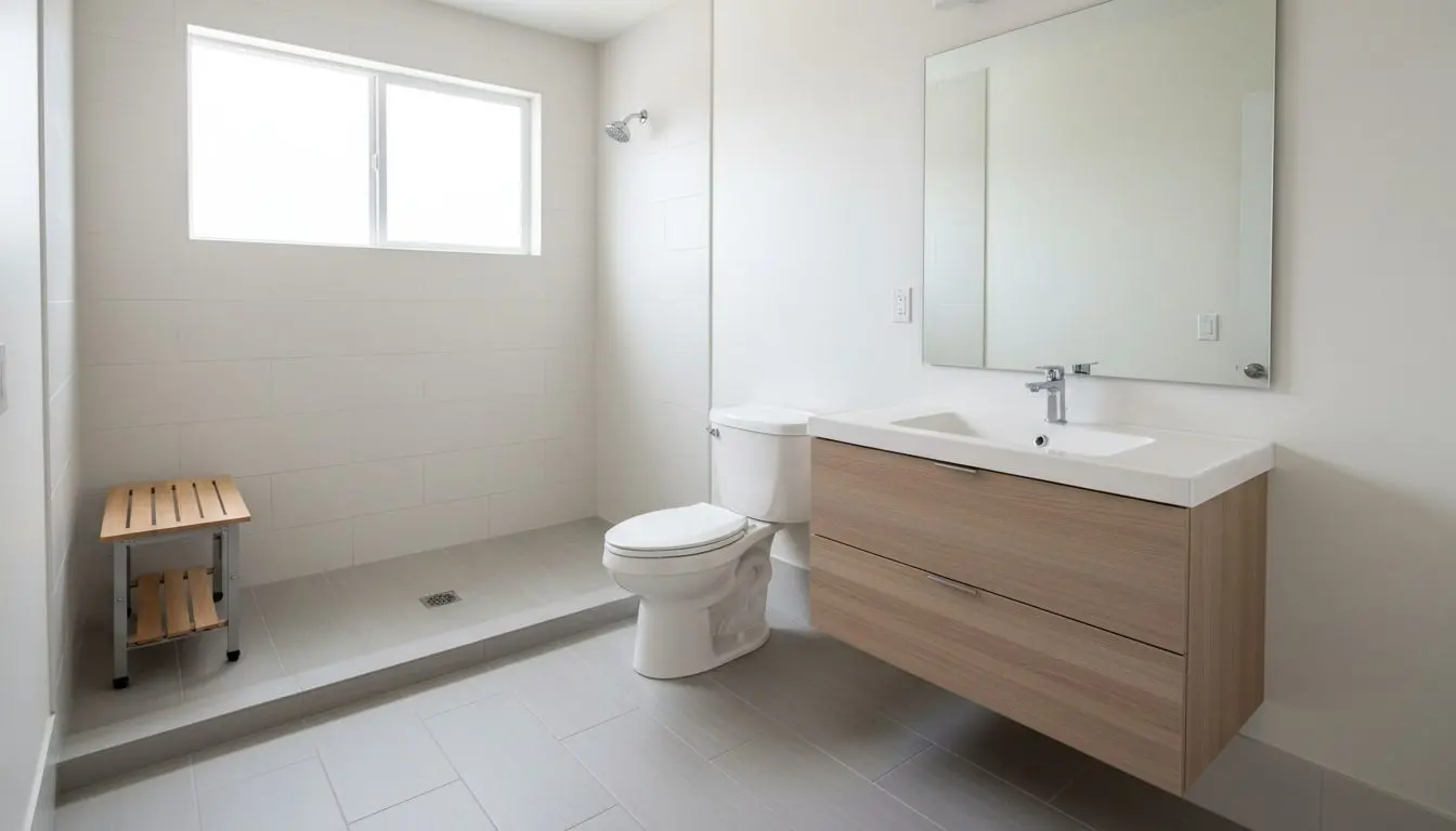 A finished bathroom fitted with a curbless shower, a fold-down bench seat and a comfort-height toilet
