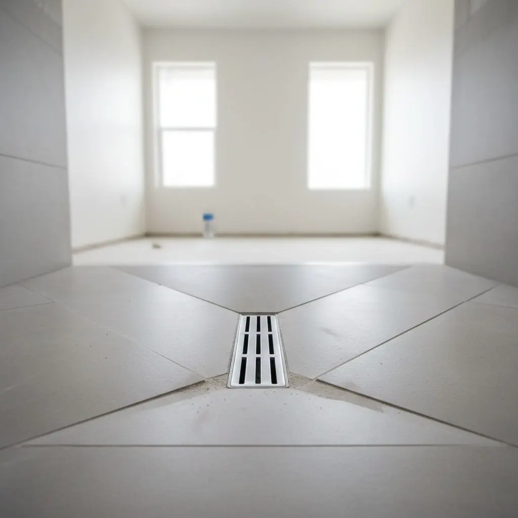 A close, low shot of a curbless shower's sloped drain line meeting the tile, the sort of detail a photograph from across the room would miss.