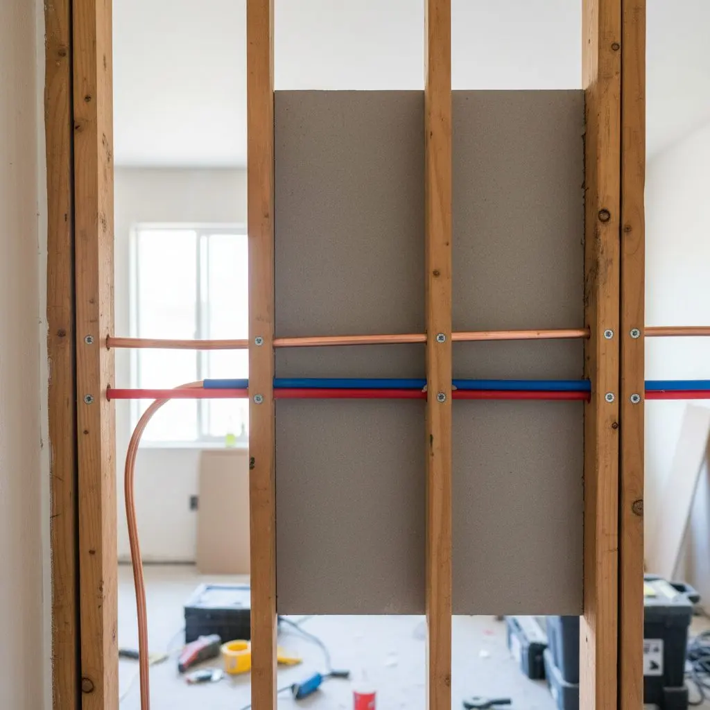 A stud-out bathroom wall mid remodel, new supply lines run through the studs and a section of cement backer board already screwed on behind where the shower