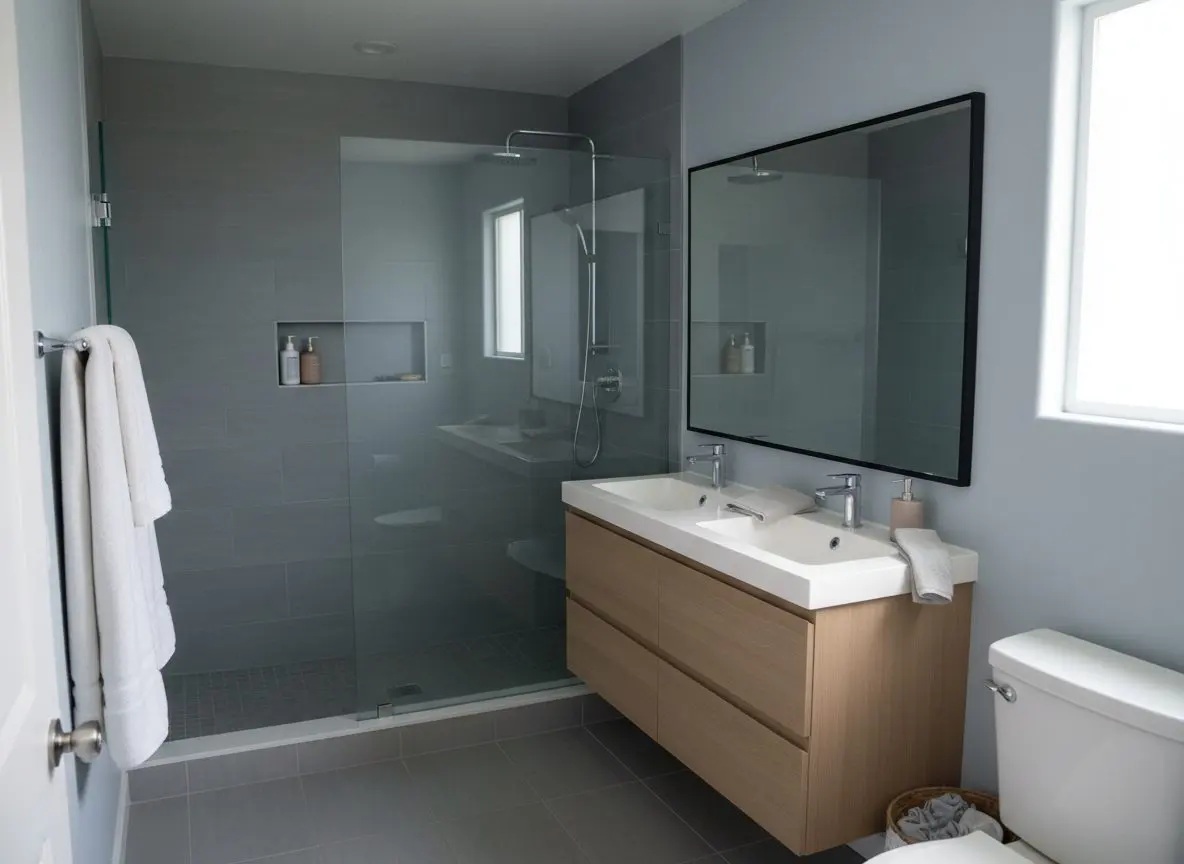A finished, furnished bathroom with new tile, vanity and fixtures, towels hung and ready to use.