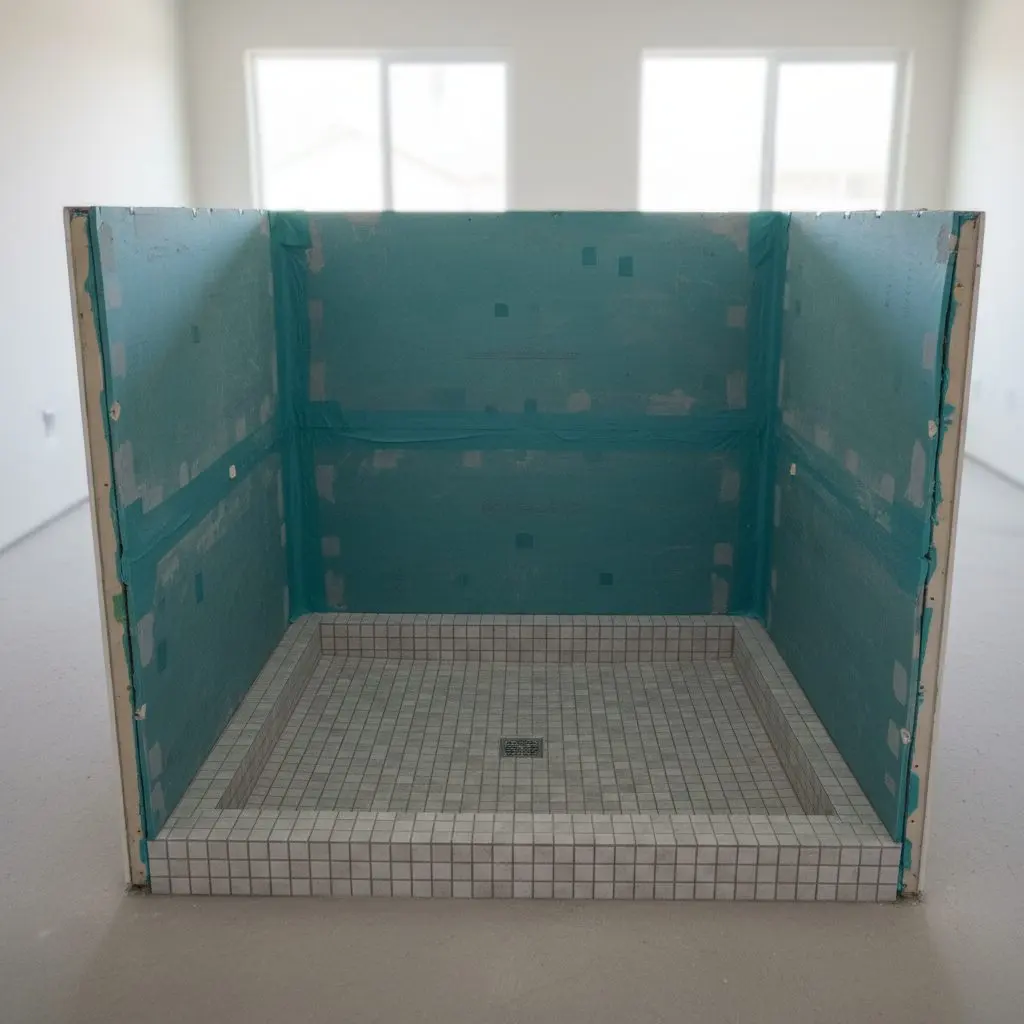 A new tiled shower pan being set into a waterproofed alcove, the membrane visible at the corners before the walls are tiled.