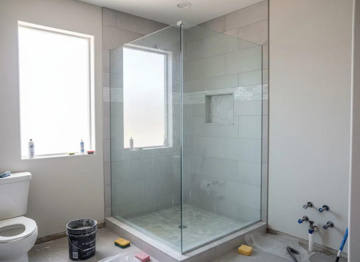 A finished tiled shower with a glass enclosure and a built-in niche shelf, water beaded on the tile.