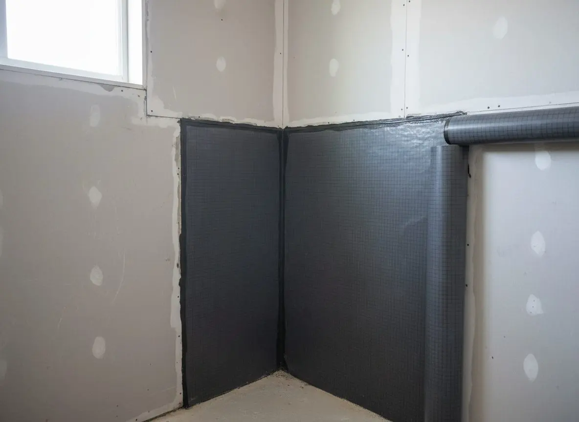A waterproofing membrane being rolled onto cement backer board in a shower alcove, seams overlapping at the corner.