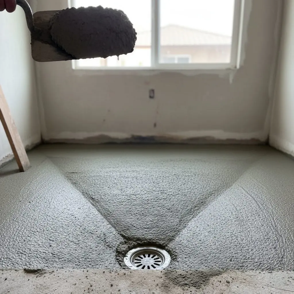 The edge of a sloped mortar bed at a shower drain, mid pour, showing the fall toward the drain.