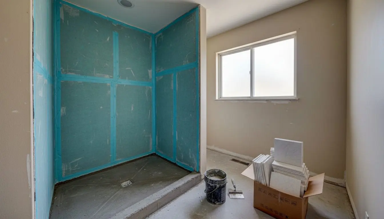 A half-finished shower stall with the waterproofing membrane visible on two walls and a sloped mortar bed on the floor, tile stacked nearby ready to be set