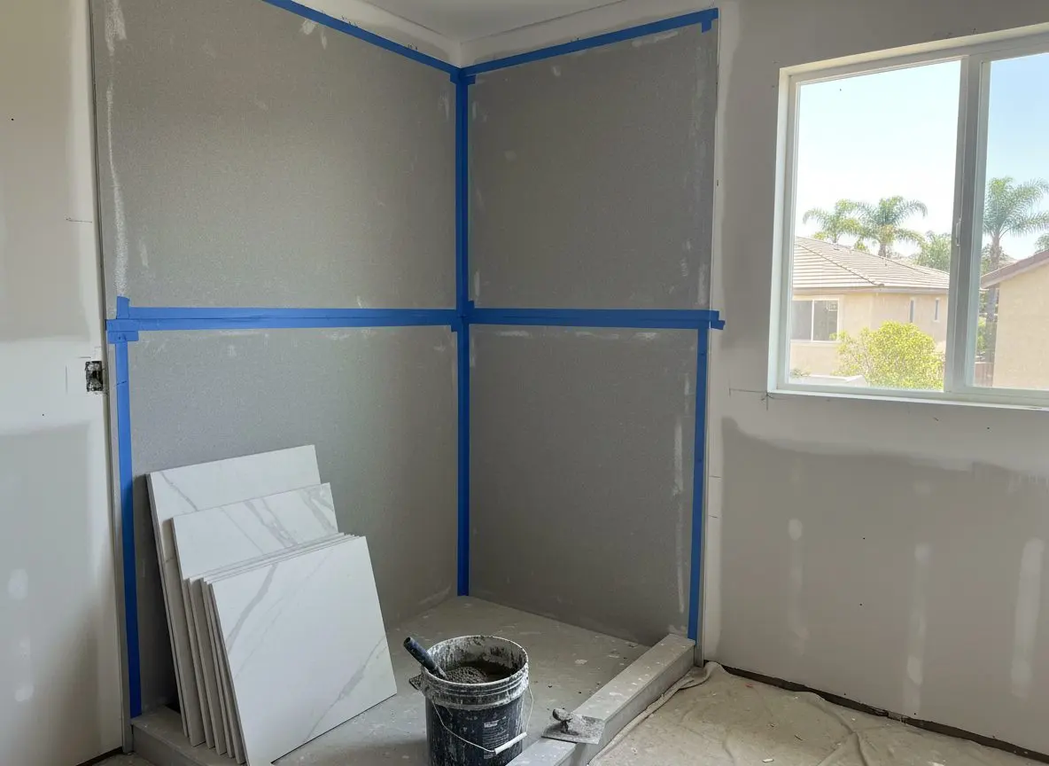 A finished shower wall mid-install, membrane taped at the corner, tile stacked ready to set against it.