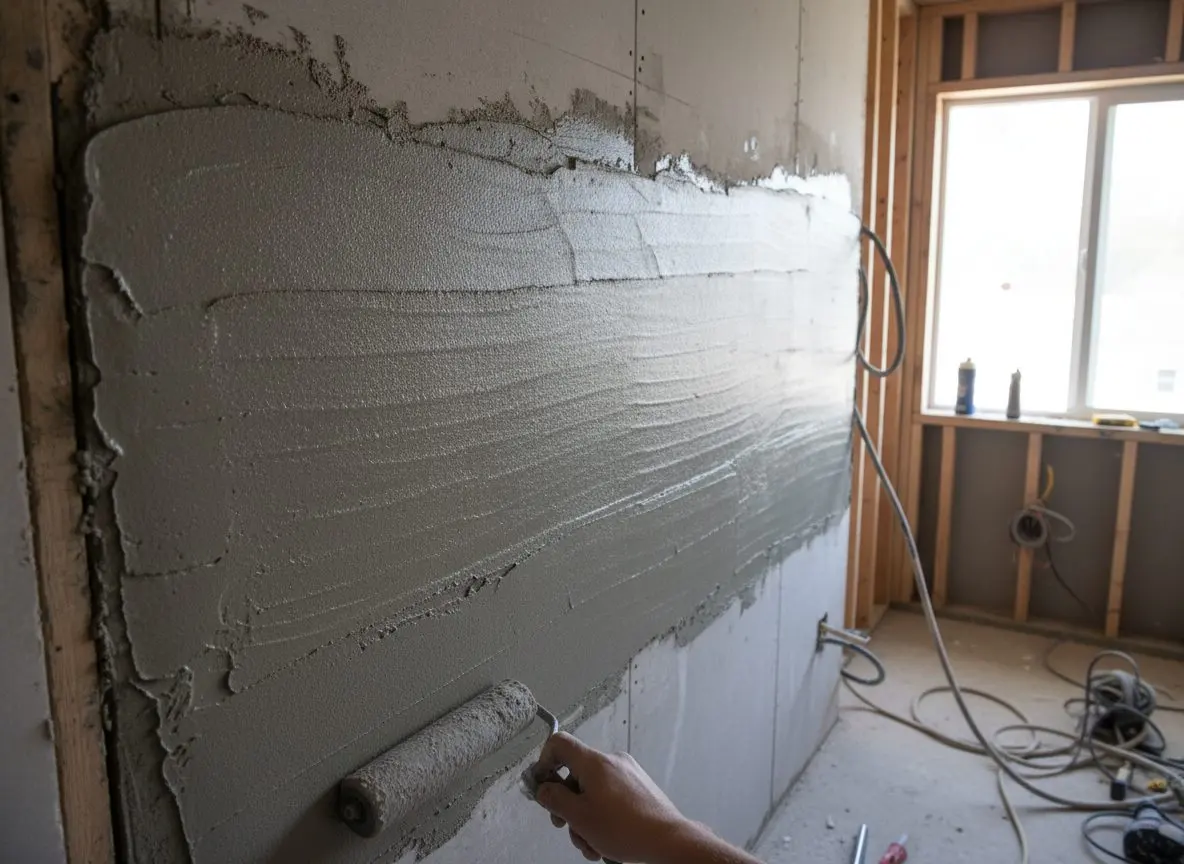 The membrane sheet being pressed and rolled into thin-set over a cement board wall, seams overlapping.