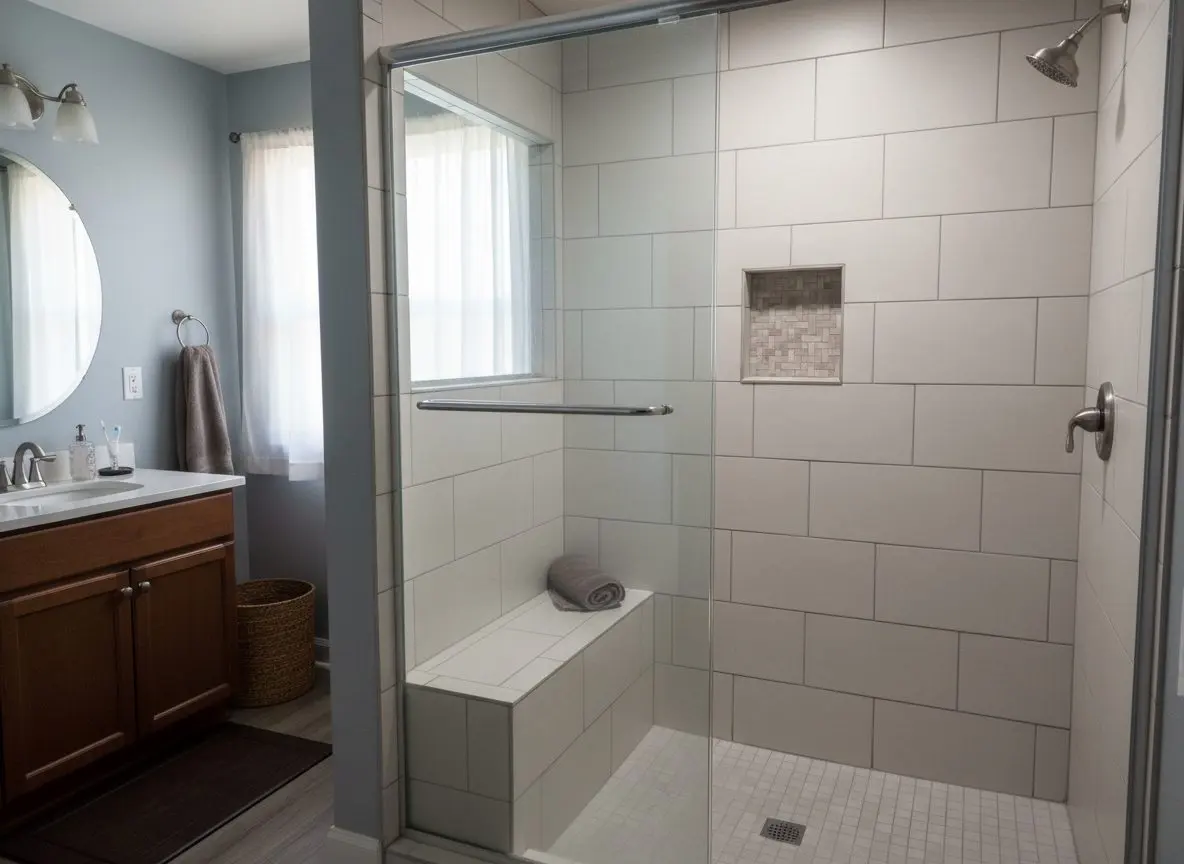 A finished, tiled shower with a niche and bench built in, fully grouted and dry, in a furnished bathroom.