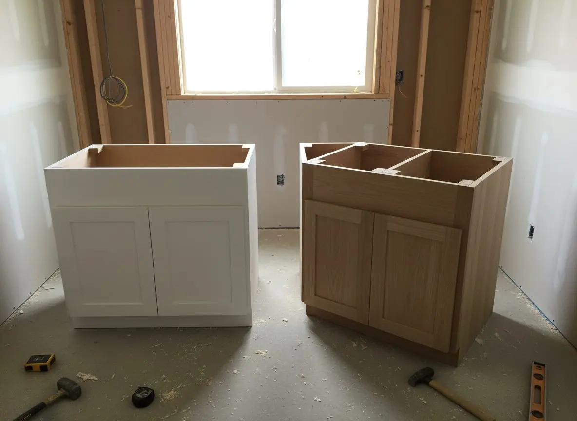 Two vanity cabinets side by side, a standard stock unit and a custom-built corner piece with an angled front, countertops not yet installed on either.