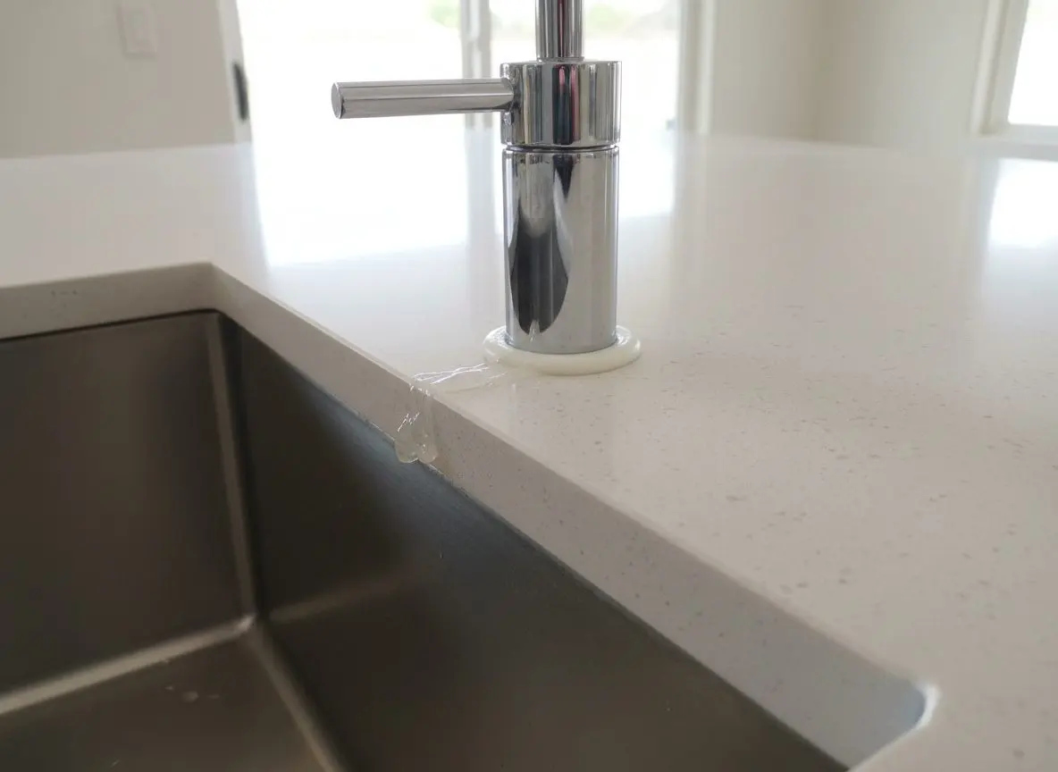 A quartz countertop edge and undermount sink seam in close-up, faucet base and silicone seal visible, no surrounding room in frame.