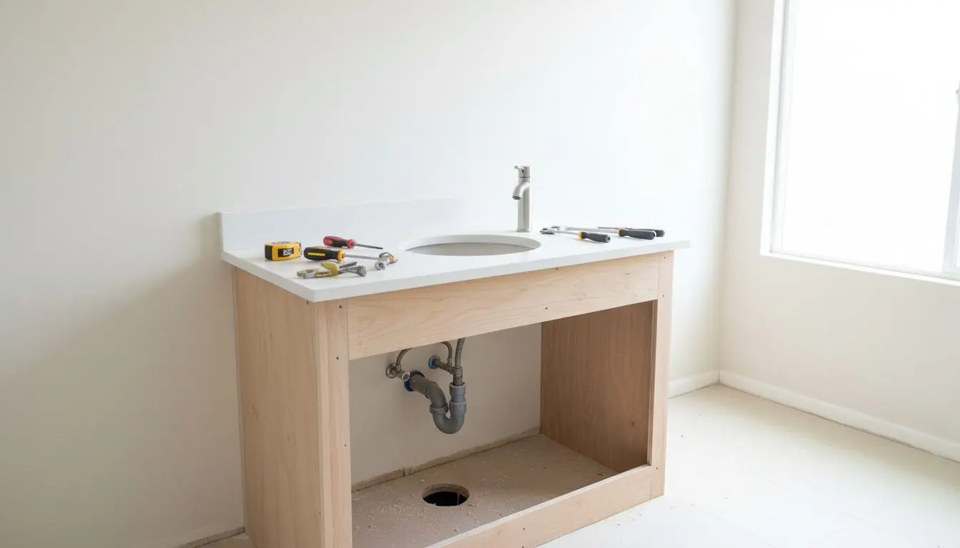 A half-finished bathroom vanity installation in a Mission Viejo tract home, cabinet carcass set against the wall with countertop and sink not yet connected