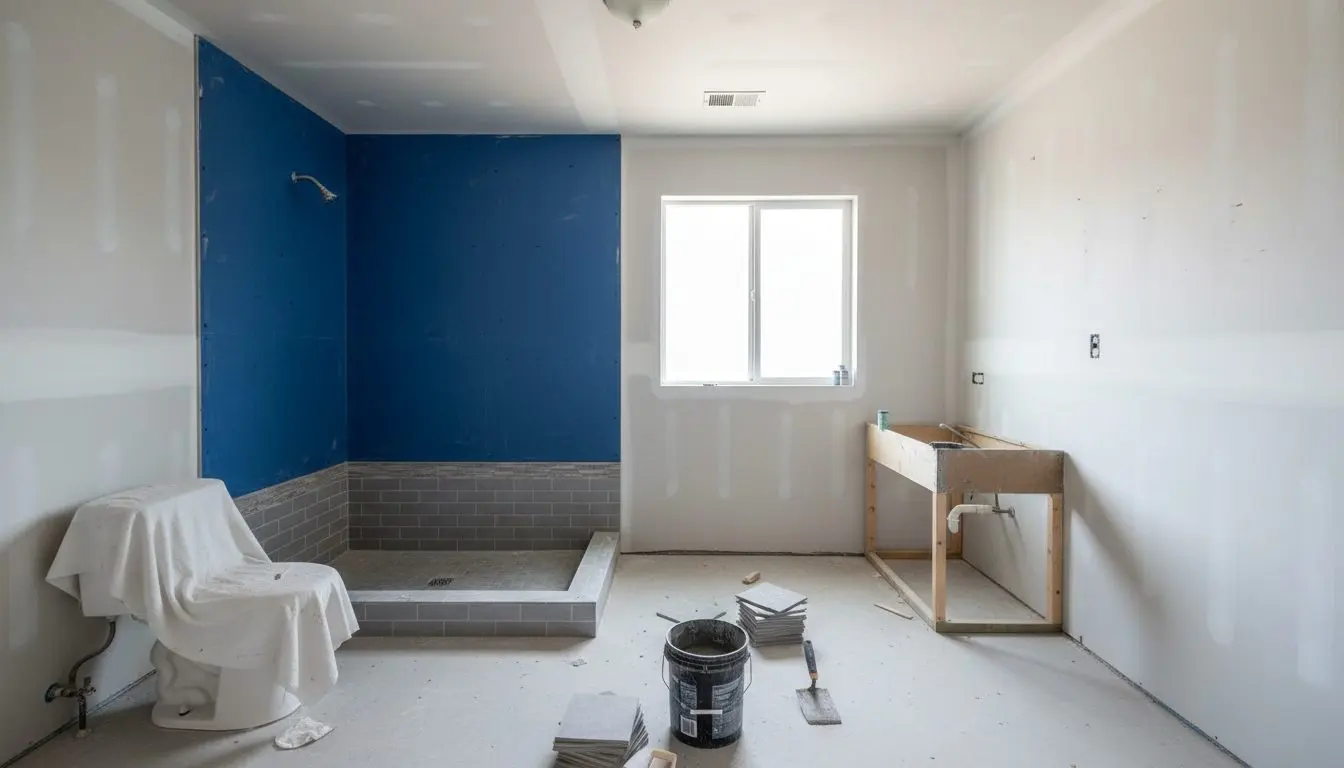 A bathroom part way through a remodel, waterproof membrane on the shower walls with the first tiles set at the base